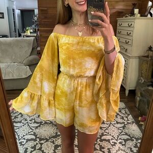 Yellow Off-Shoulder Romper with Flared Sleeves